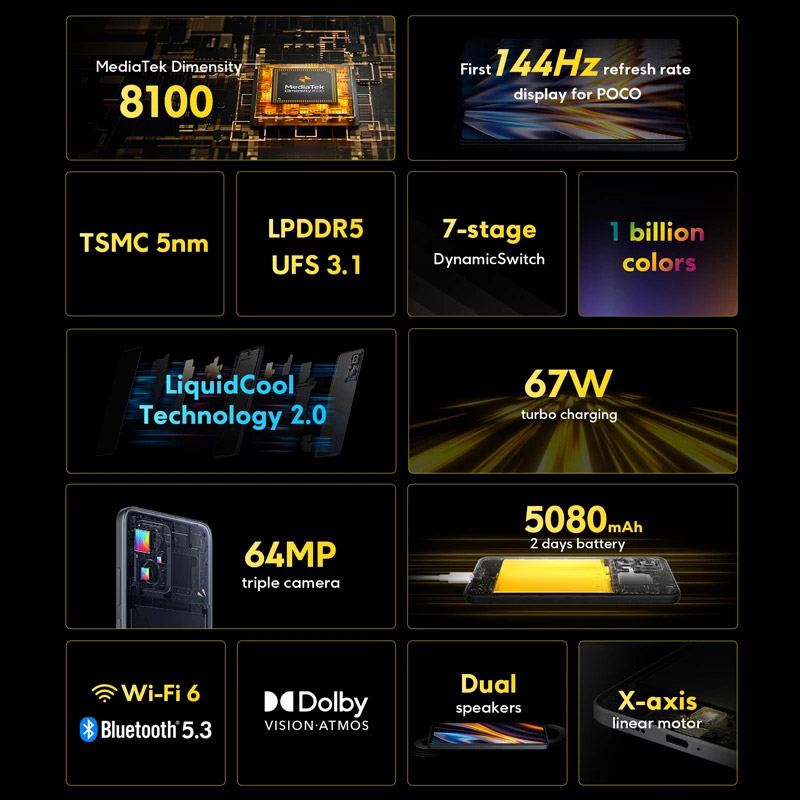 POCO X4 GT versão global 5G smartphone 8gb 128gb/8gb 256gb dimensão 8100 144hz 64mp triplo câmera 67w turbo carregamento nfc