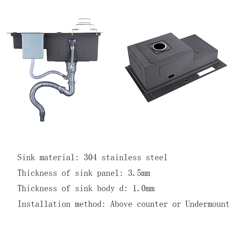 Pia de cozinha preta com suporte de faca para vegetais, pia de lavagem com placa de corte, pia de aço inoxidável preto, pia alta e baixa