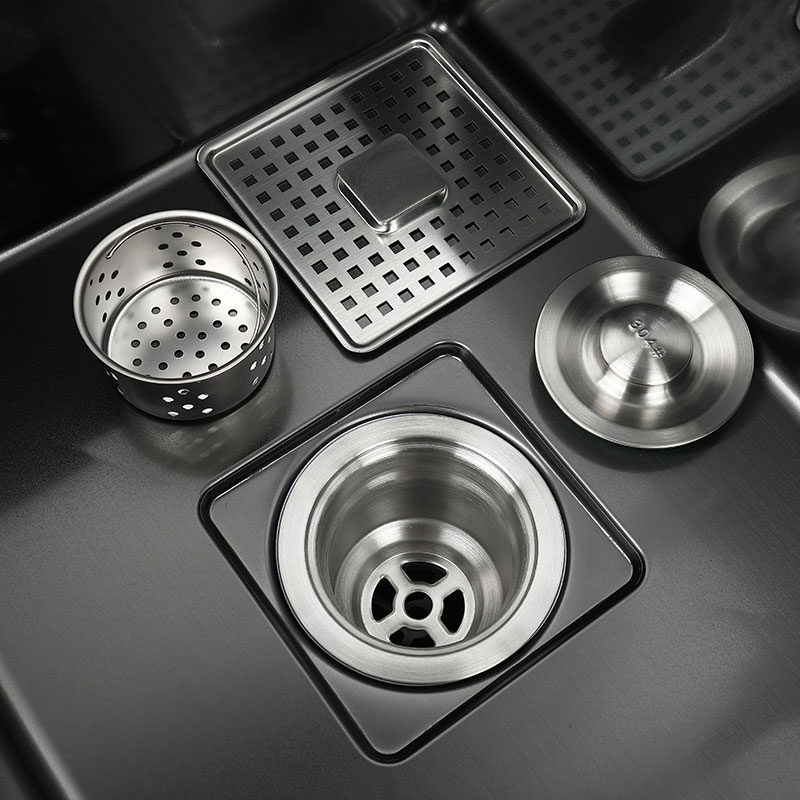 Pia de cozinha preta com suporte de faca para vegetais, pia de lavagem com placa de corte, pia de aço inoxidável preto, pia alta e baixa