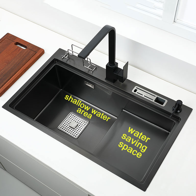 Pia de cozinha preta com suporte de faca para vegetais, pia de lavagem com placa de corte, pia de aço inoxidável preto, pia alta e baixa