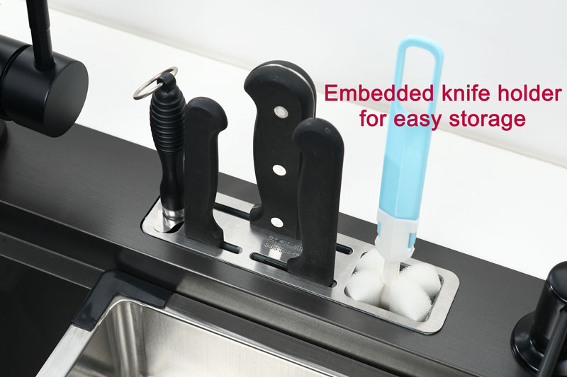 Pia de cozinha preta com suporte de faca para vegetais, pia de lavagem com placa de corte, pia de aço inoxidável preto, pia alta e baixa
