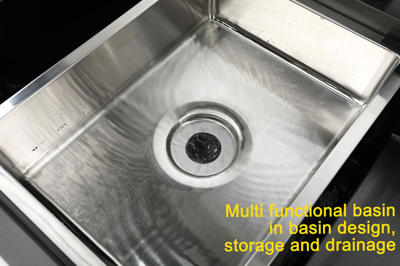 Pia de cozinha preta com suporte de faca para vegetais, pia de lavagem com placa de corte, pia de aço inoxidável preto, pia alta e baixa