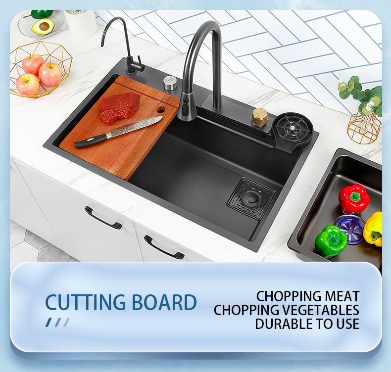 Cachoeira pia da cozinha 304 aço inoxidável nano preto multifuctional grande pia acima do avental contador frente
