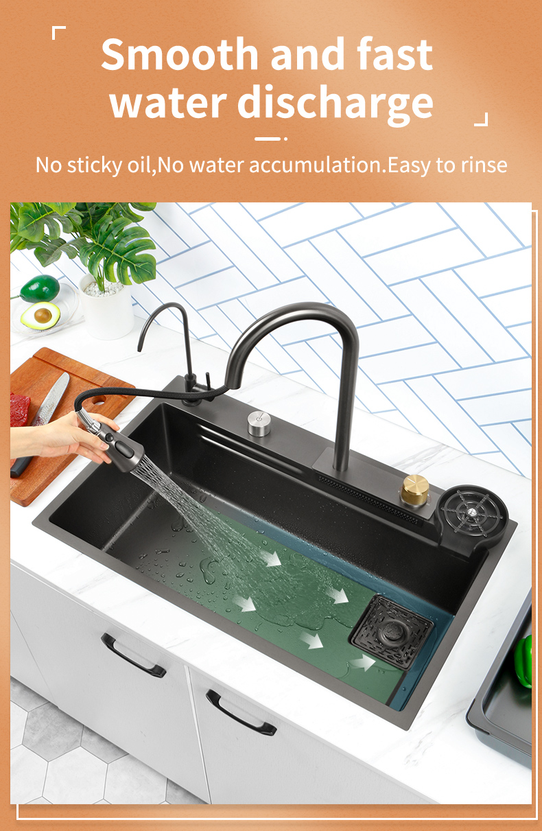 Cachoeira pia da cozinha 304 aço inoxidável nano preto multifuctional grande pia acima do avental contador frente