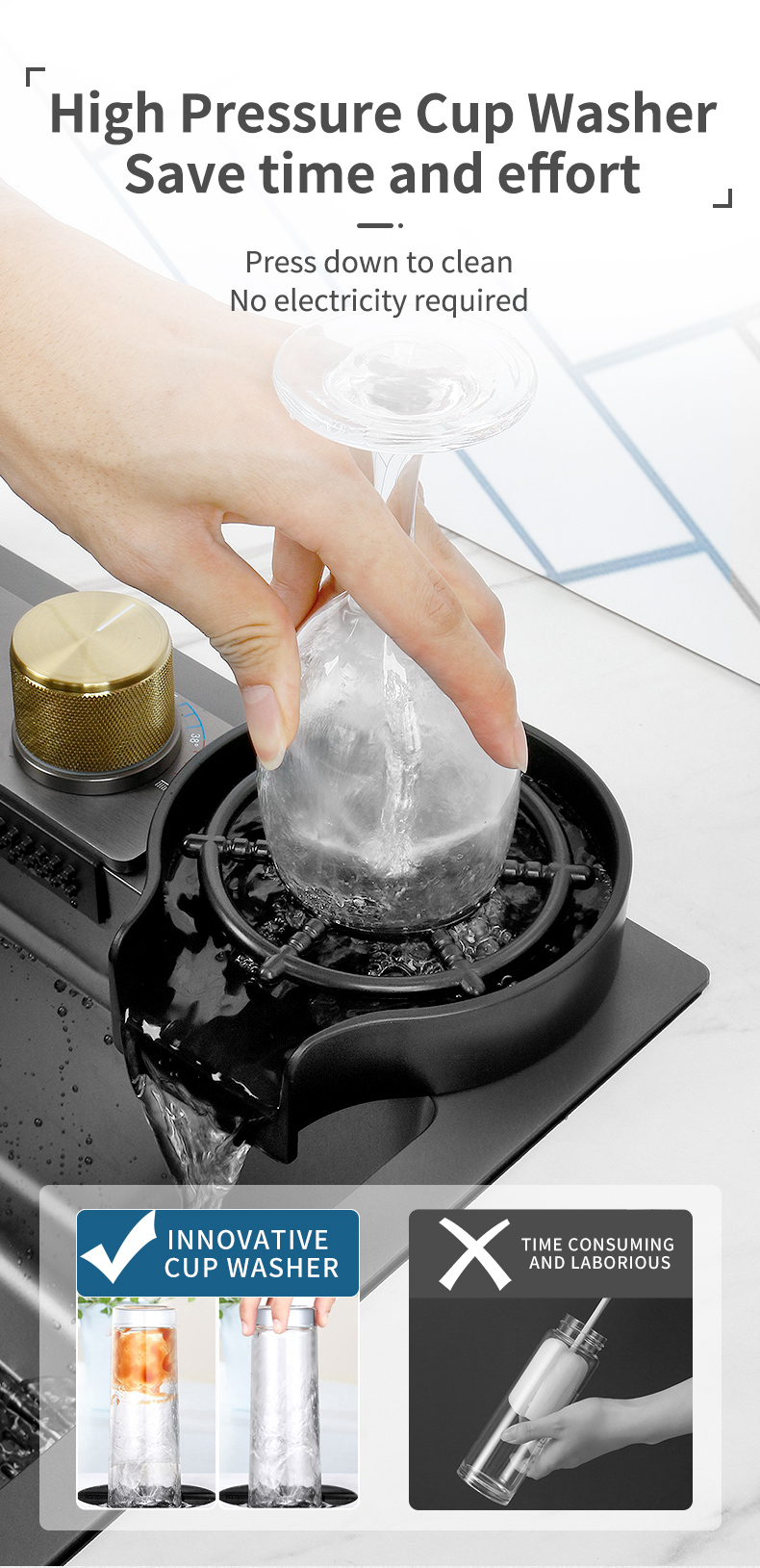 Cachoeira pia da cozinha 304 aço inoxidável nano preto multifuctional grande pia acima do avental contador frente