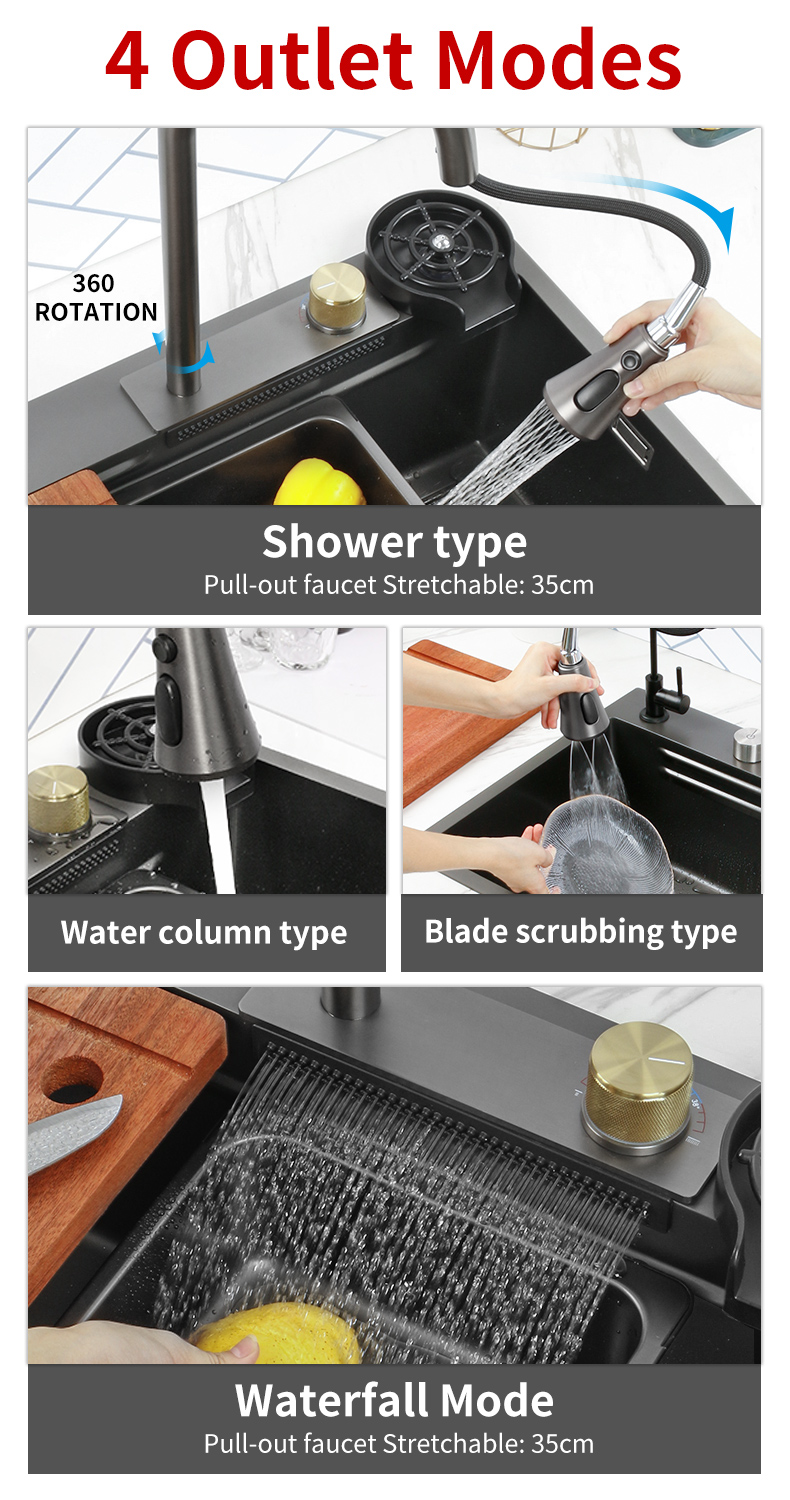 Cachoeira pia da cozinha 304 aço inoxidável nano preto multifuctional grande pia acima do avental contador frente