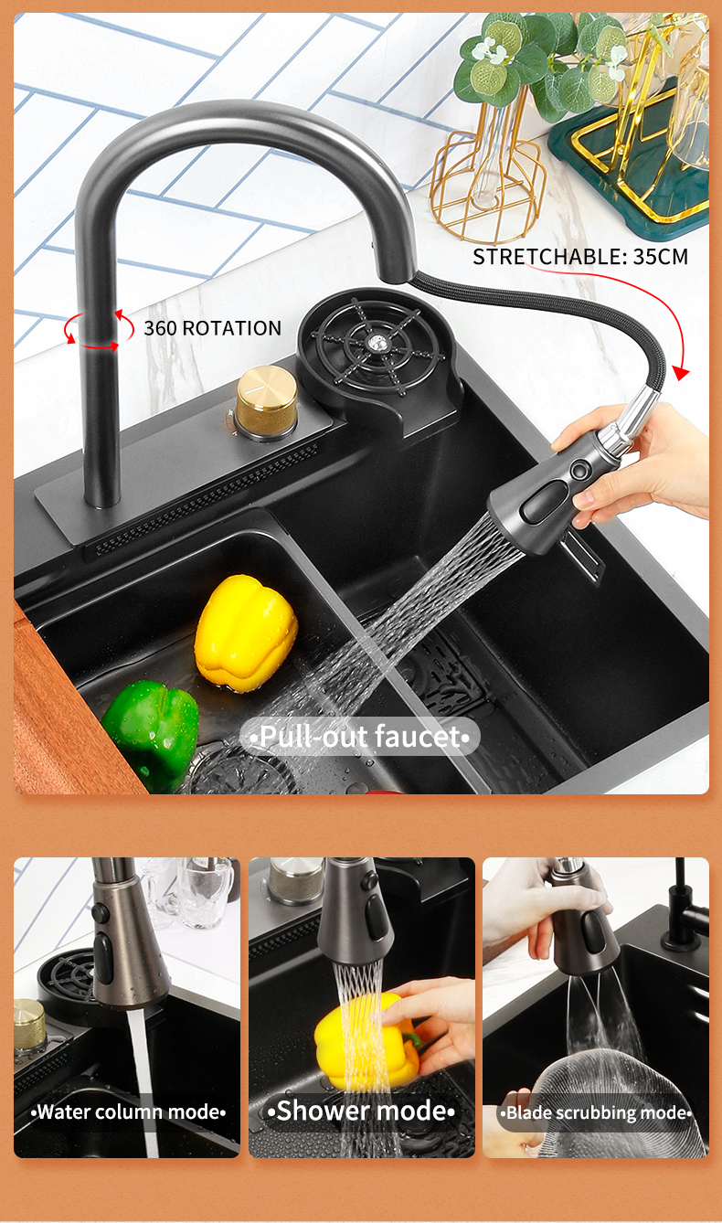 Cachoeira pia da cozinha 304 aço inoxidável nano preto multifuctional grande pia acima do avental contador frente