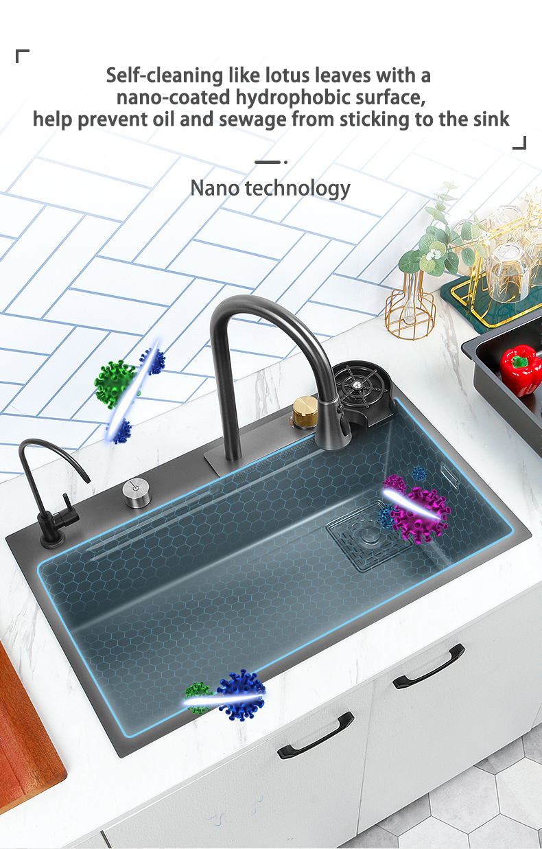 Cachoeira pia da cozinha 304 aço inoxidável nano preto multifuctional grande pia acima do avental contador frente