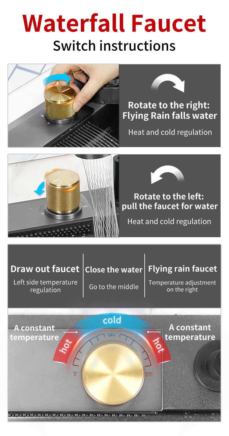 Cachoeira pia da cozinha 304 aço inoxidável nano preto multifuctional grande pia acima do avental contador frente
