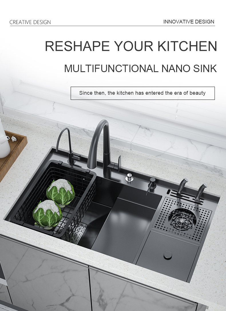 Nano Copa lavadora pia grande single-slot de cozinha escada manual lavatório multi-funcional alta e baixa lata de lixo com faca holde