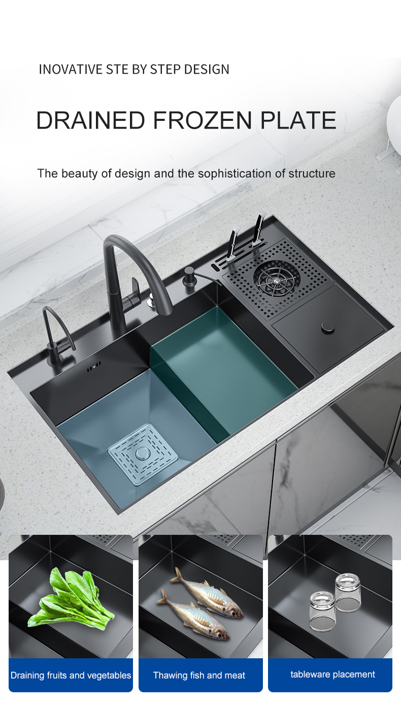 Nano Copa lavadora pia grande single-slot de cozinha escada manual lavatório multi-funcional alta e baixa lata de lixo com faca holde