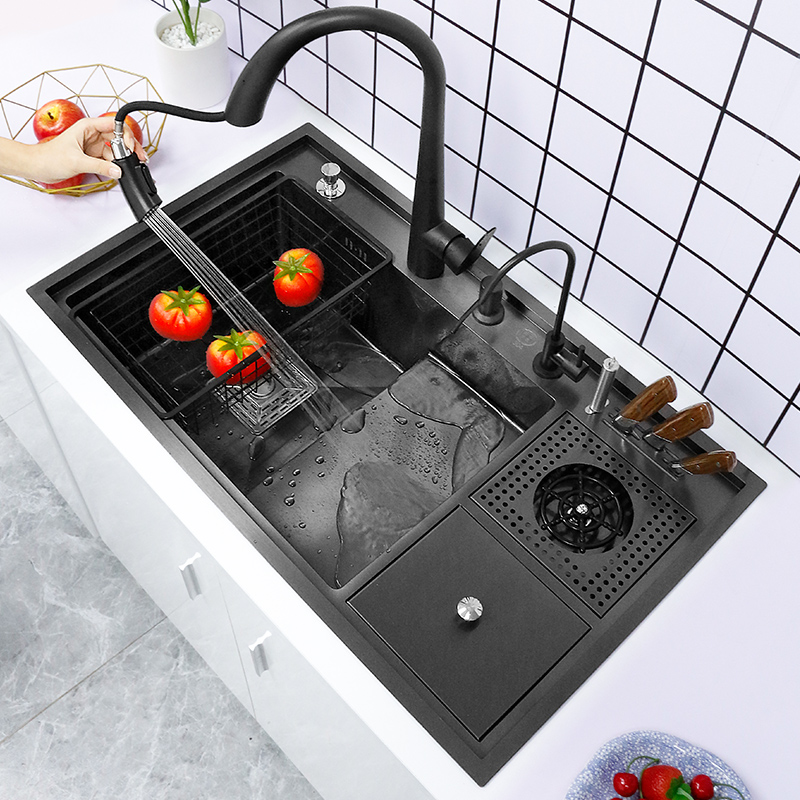Nano Copa lavadora pia grande single-slot de cozinha escada manual lavatório multi-funcional alta e baixa lata de lixo com faca holde