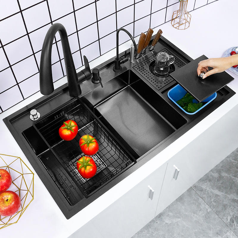 Nano Copa lavadora pia grande single-slot de cozinha escada manual lavatório multi-funcional alta e baixa lata de lixo com faca holde