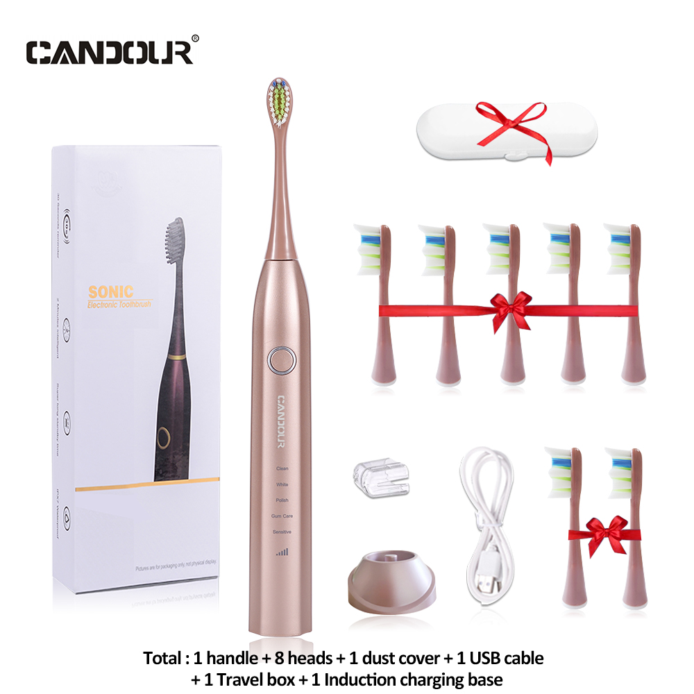 Candour cd-5168 sonic escova de dentes elétrica recarregável ipx8 à prova d15 água 15 modo usb carregador cabeças de substituição conjunto