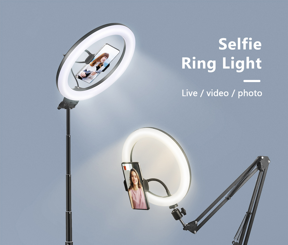 Anel selfie luz fotografia led borda da lâmpada com suporte móvel opcional montagem tripé ringlight para transmissão de vídeo ao vivo