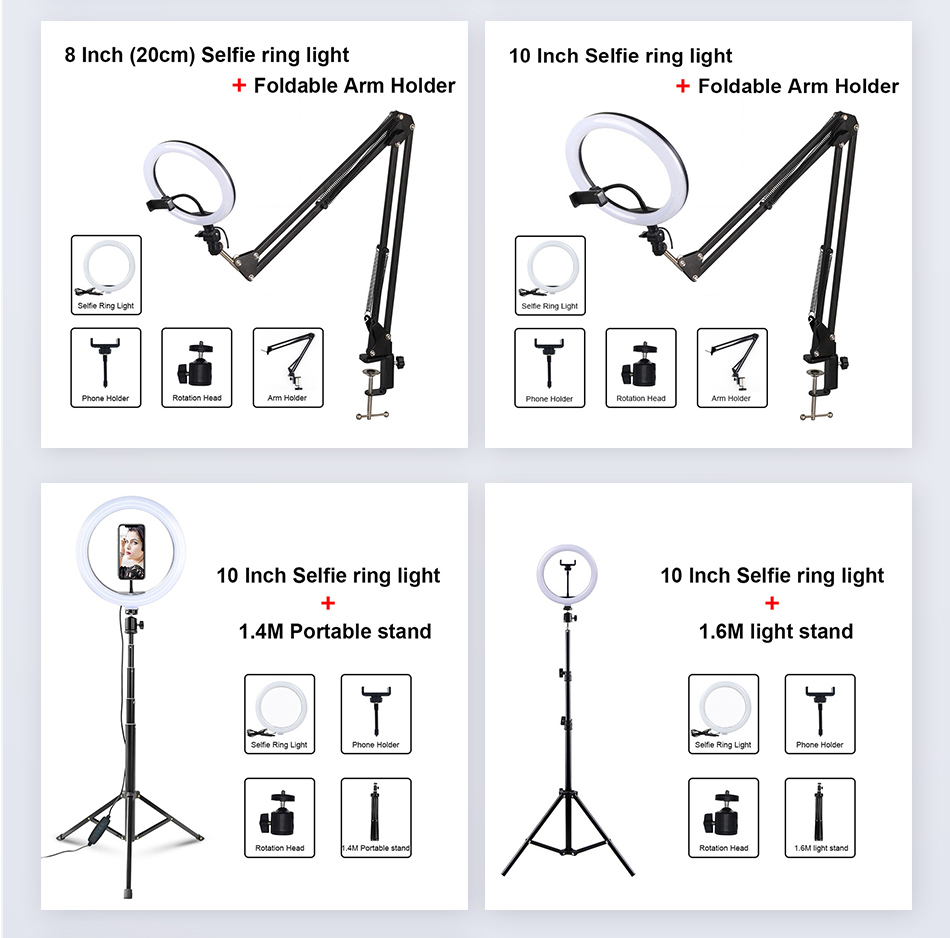 Anel selfie luz fotografia led borda da lâmpada com suporte móvel opcional montagem tripé ringlight para transmissão de vídeo ao vivo