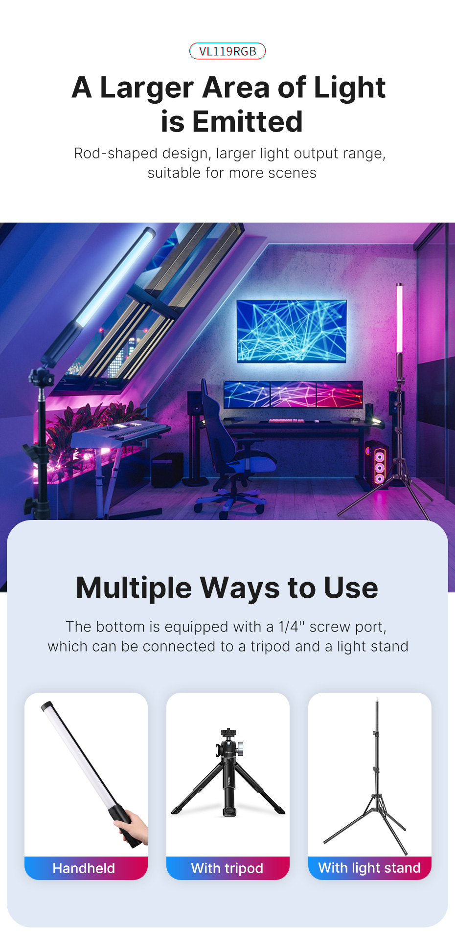 Ulanzi vl119 handheld rgb colorido vara luz 19.68 polegada handheld led varinha de luz cri 95 + 2500k-9000k fotografia estúdio lâmpada