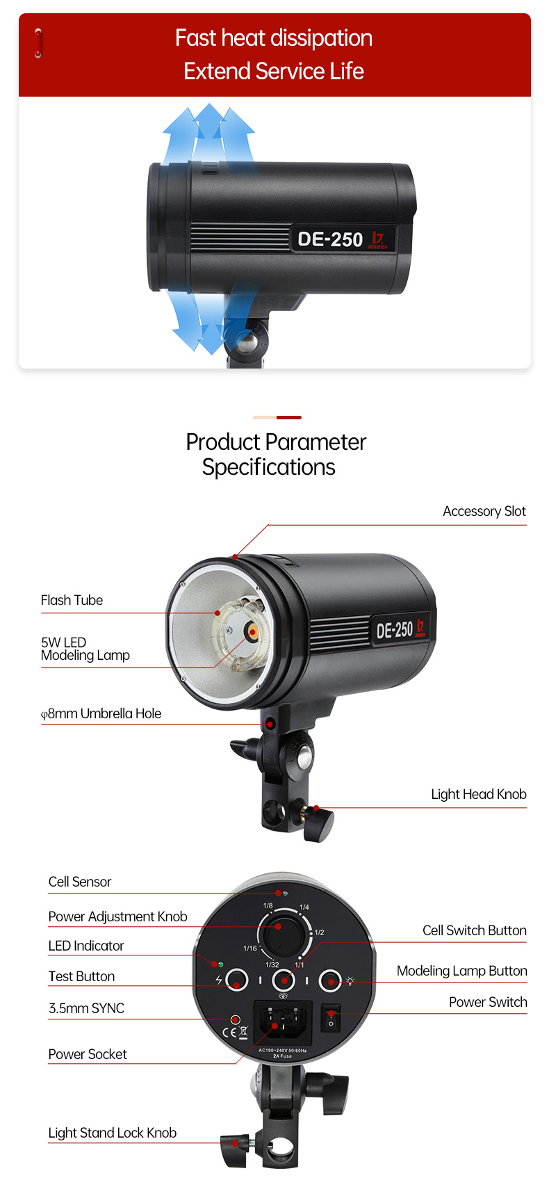 Jinbei de250 250ws portátil estúdio flash iluminação sem fio remoto durável luz estroboscópica profissional para fotografia retrato