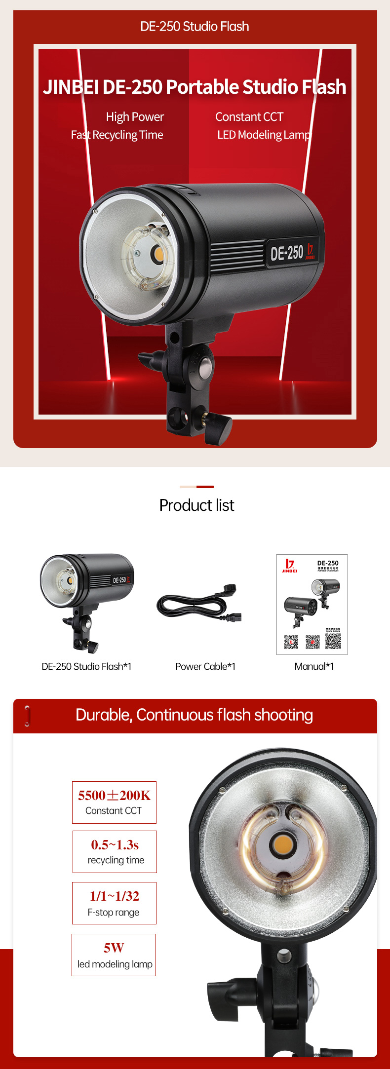 Jinbei de250 250ws portátil estúdio flash iluminação sem fio remoto durável luz estroboscópica profissional para fotografia retrato