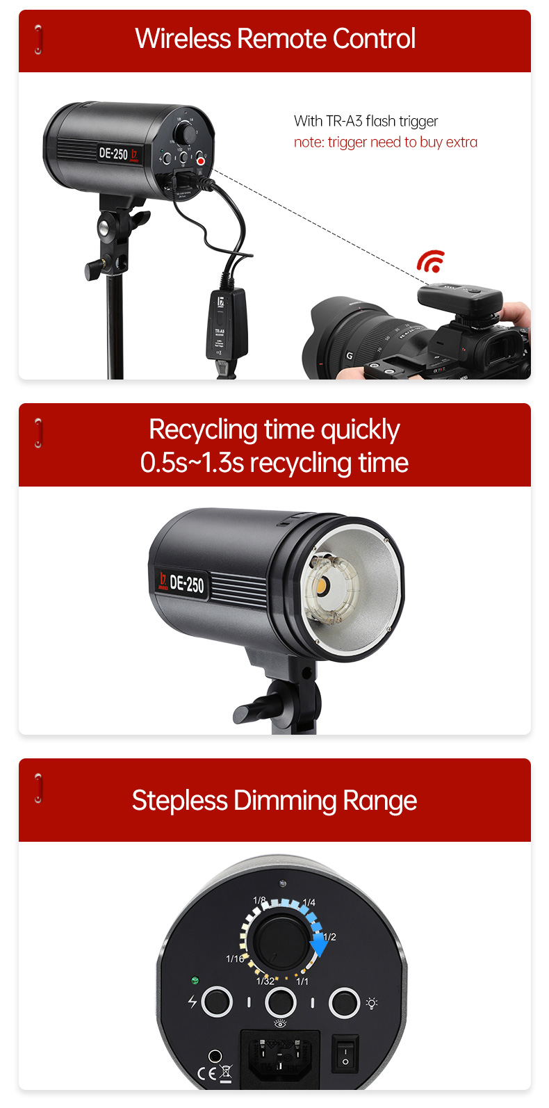 Jinbei de250 250ws portátil estúdio flash iluminação sem fio remoto durável luz estroboscópica profissional para fotografia retrato