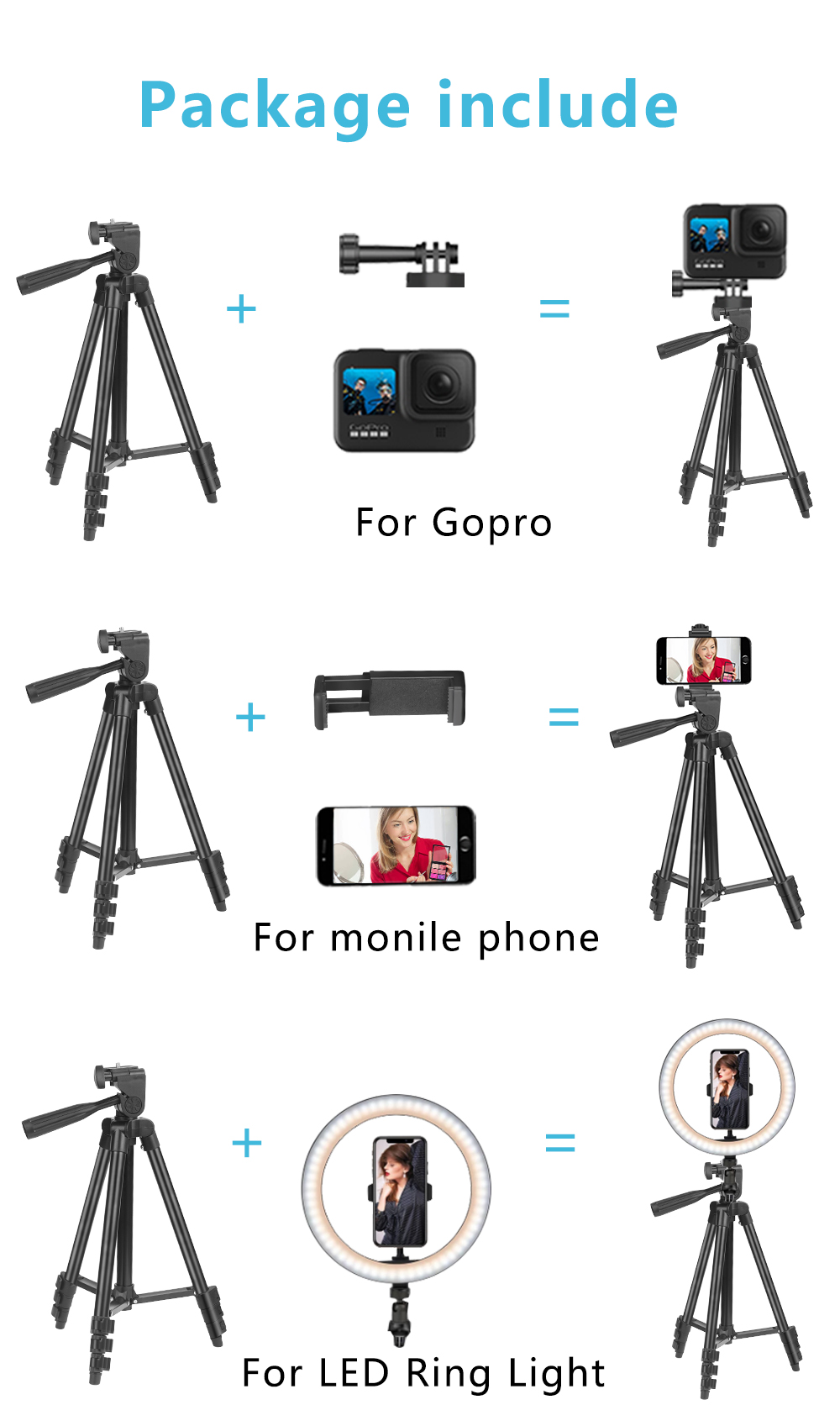 Tripé para câmera leve com bluetooth, suporte para celular, selfie, controle remoto, fotografia, para xiaomi, huawei