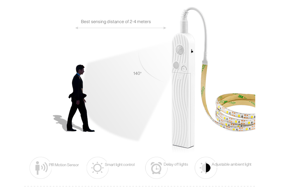 5v lâmpada de parede inteligente 1m 2m 3m sensor de movimento luz da parede da escada infravermelho detector de corpo humano controle on/off armário iluminação da cozinha