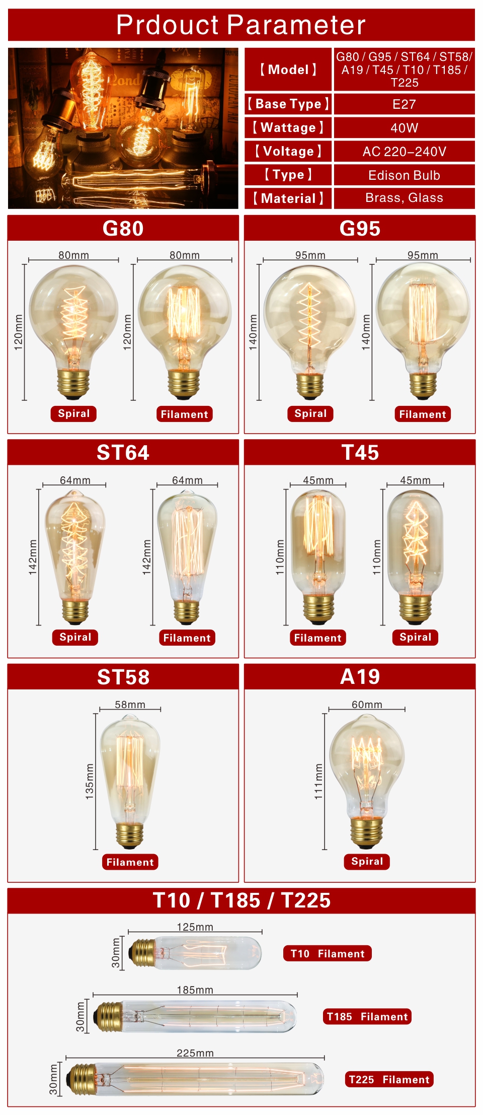 Lâmpada de edison. iluminação retrô. filamento incandescente, lâmpada vintage e27, 220 w e 40w, modelos a60, st58, st64, t10, t45, t185, g80, g95 Lâmpada de edison. iluminação retrô. filamento incandescente, lâmpada vintage e27, 220 w e 40w, modelos a60, st58, st64, t10, t45, t185, g80, g95